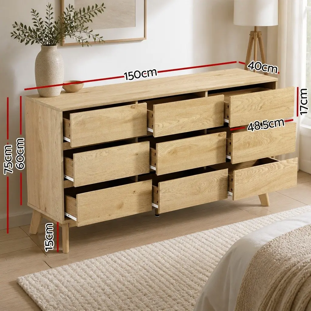 9 Drawer Chest of Drawers Pine Tallboy Cabinet Bedroom Storage Dresser