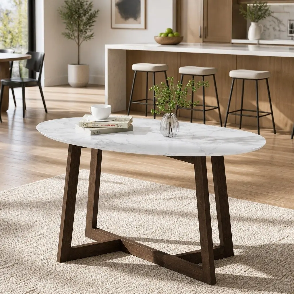 Oval Coffee Table Marble Effect Walnut Living Room Furniture Modern Design Easy