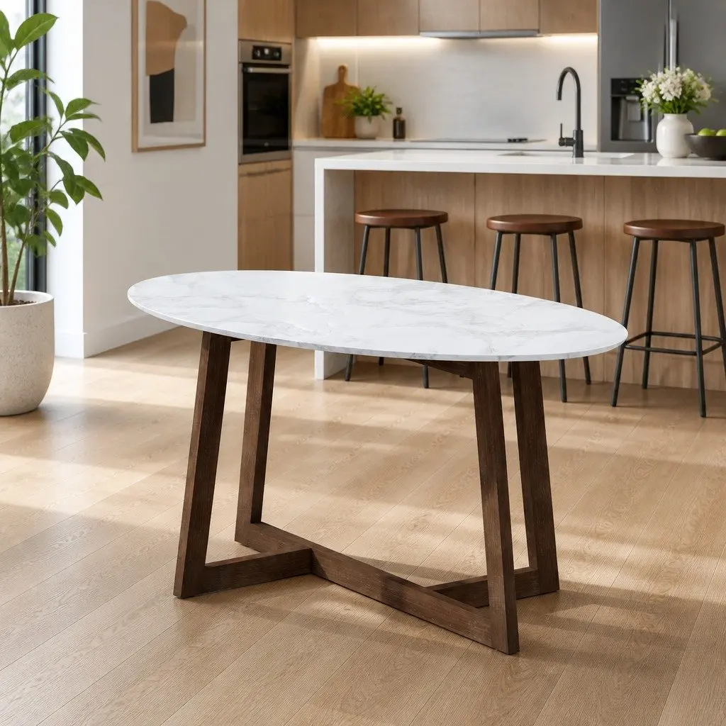 Oval Coffee Table Marble Effect Walnut Living Room Furniture Modern Design Easy