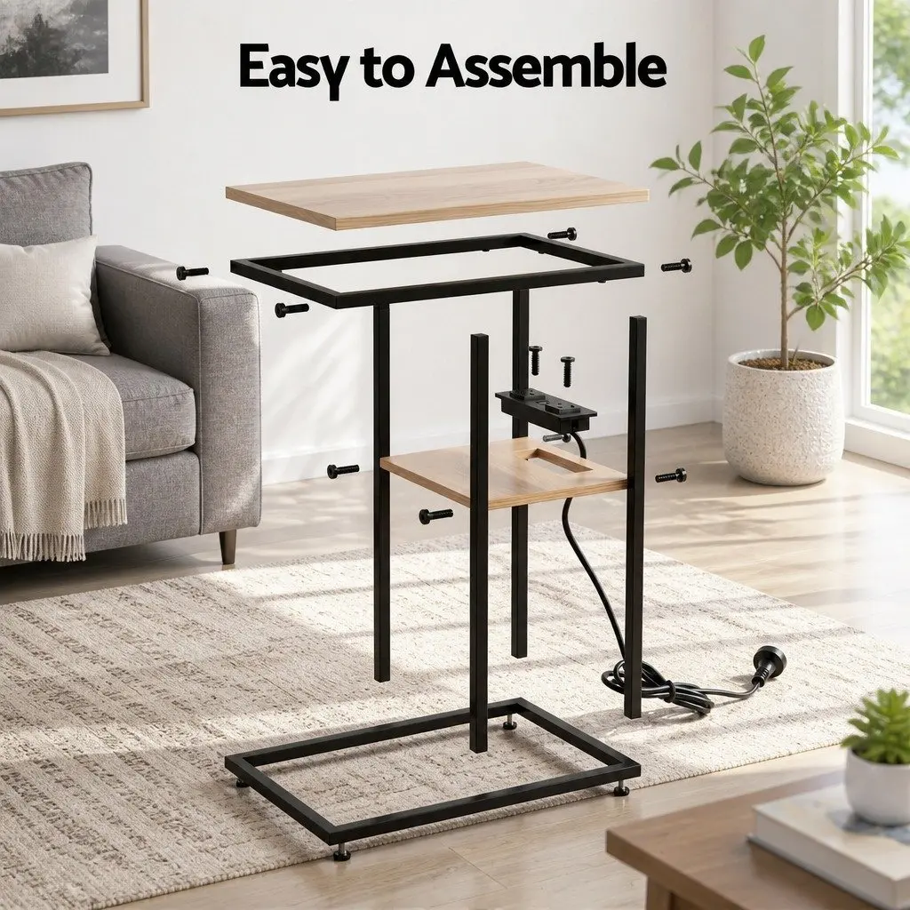 C-Shaped End Table Wood and Black 40cm x 26cm x 65cm Integrated Charging Station