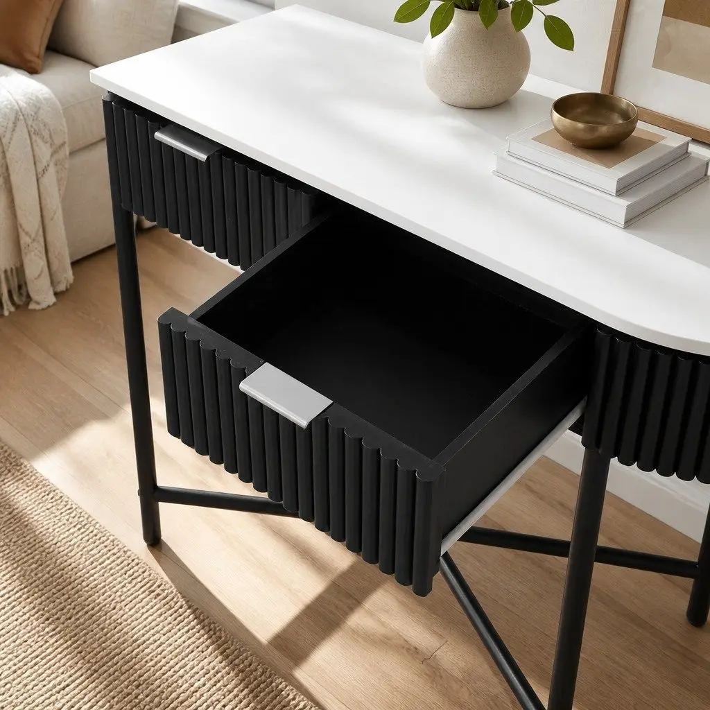 Console Table Yellow 100CM Two Storage Drawers Metal Base Furniture Living Room