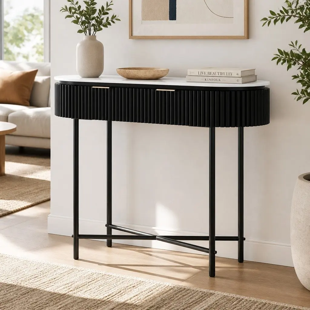 Console Table Yellow 100CM Two Storage Drawers Metal Base Furniture Living Room