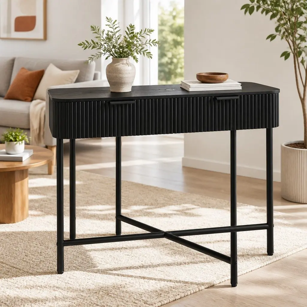 Console Table Yellow 100CM Two Storage Drawers Metal Base Furniture Living Room