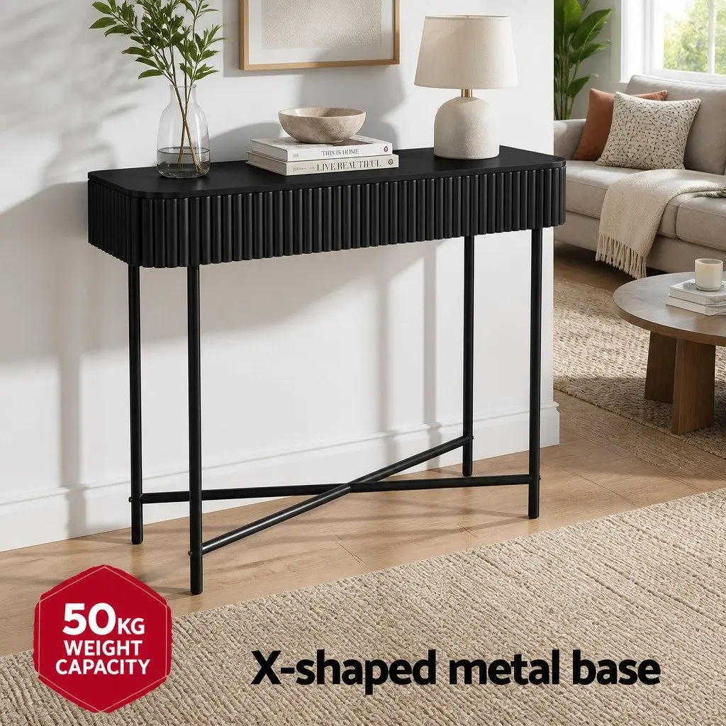 Console Table Yellow 100CM Two Storage Drawers Metal Base Furniture Living Room