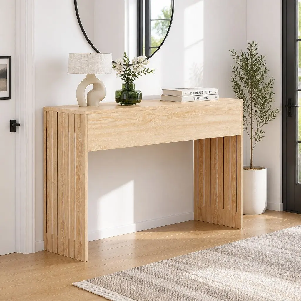 Console Table Pine 120CM Fluted Side Panels Wood Grain Surface