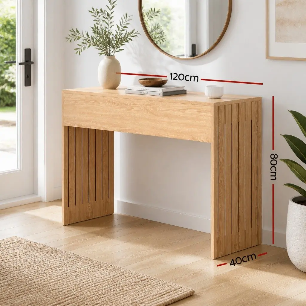 Console Table Pine 120CM Fluted Side Panels Wood Grain Surface