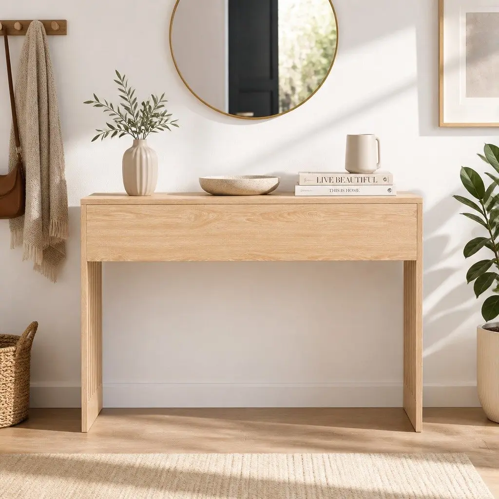 Console Table Pine 120CM Fluted Side Panels Wood Grain Surface