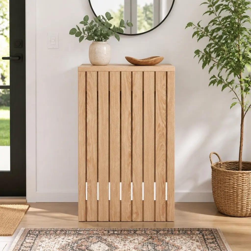 Console Table Pine 120CM Fluted Side Panels Wood Grain Surface