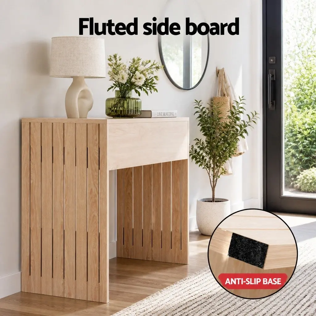 Console Table Pine 120CM Fluted Side Panels Wood Grain Surface