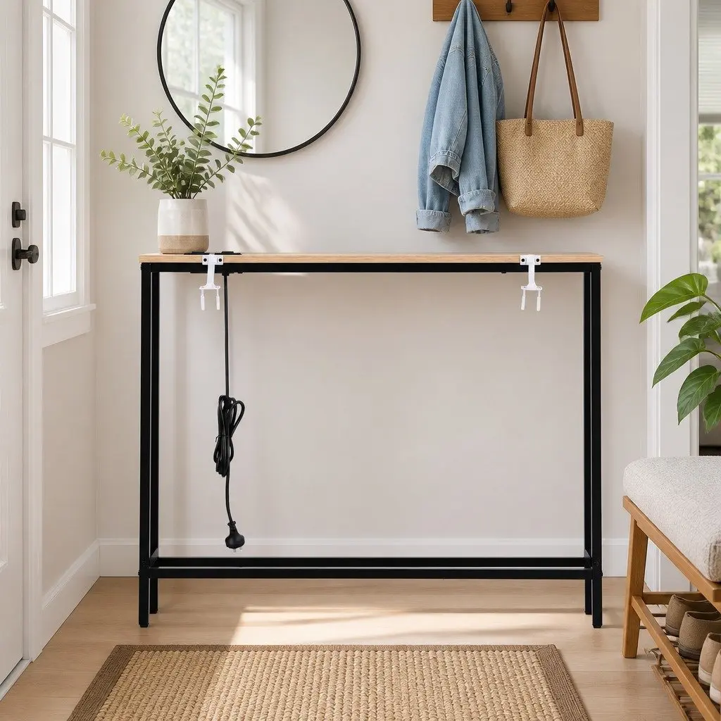 Console Table Entryway Hallway Display Desk with Charging Station Wood Top