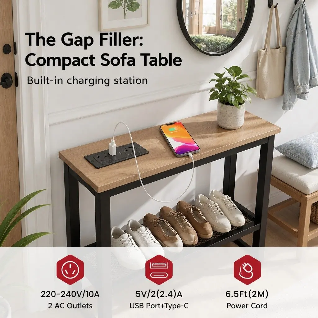 Console Table Entryway Hallway Display Desk with Charging Station Wood Top