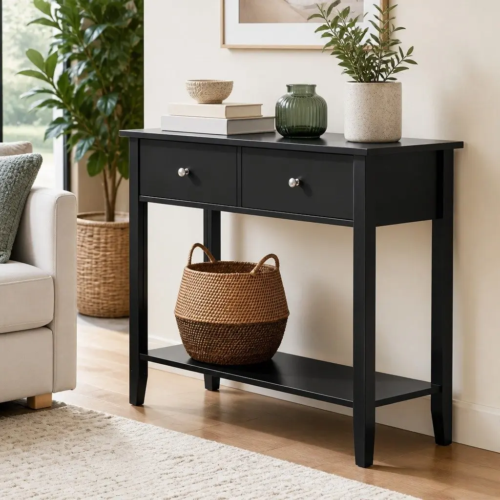 Black Console Table with Drawers and Shelf