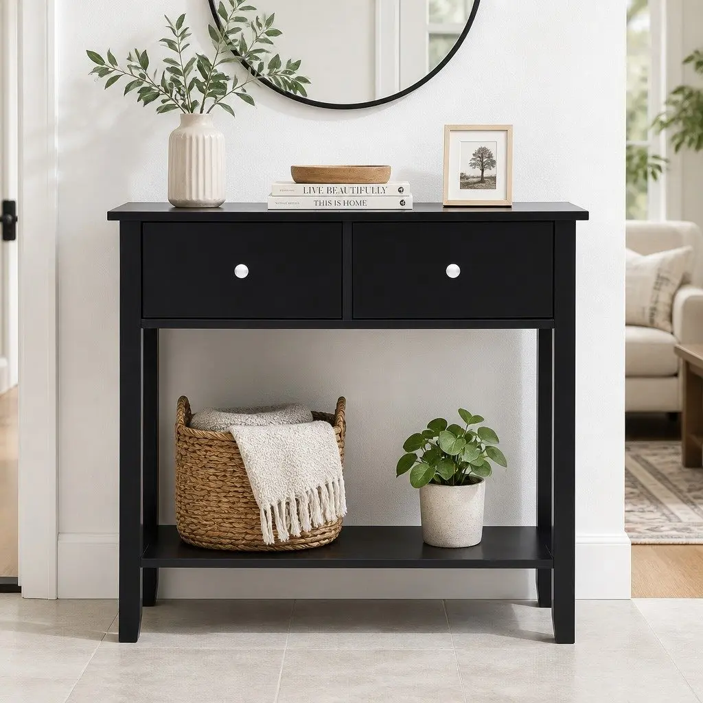 Console Table Hallway Sofa Entryway Side Table 2 Drawers Open Shelf 80CM Black