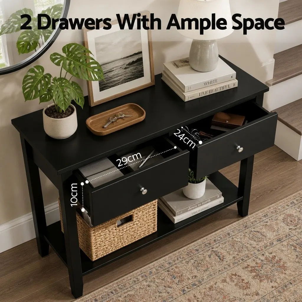 Console Table Hallway Sofa Entryway Side Table 2 Drawers Open Shelf 80CM Black