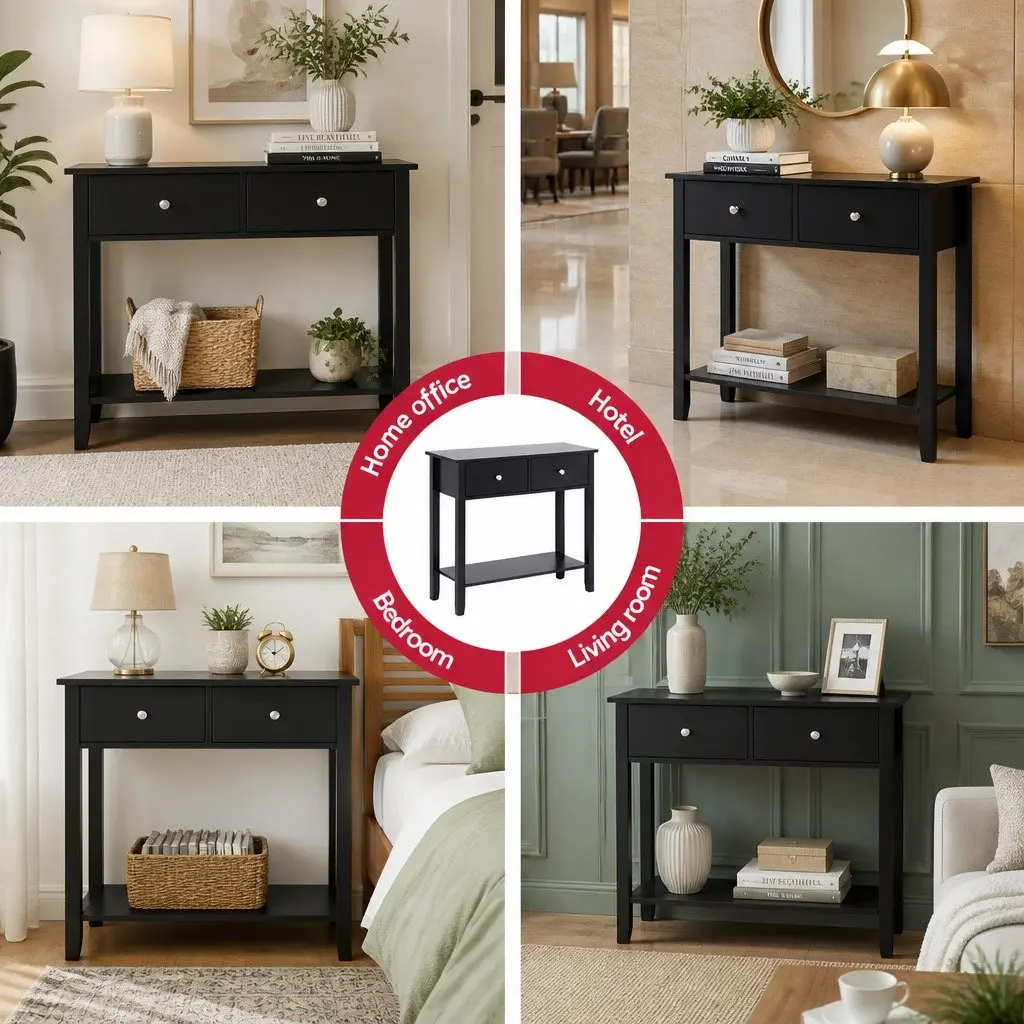 Console Table Hallway Sofa Entryway Side Table 2 Drawers Open Shelf 80CM Black