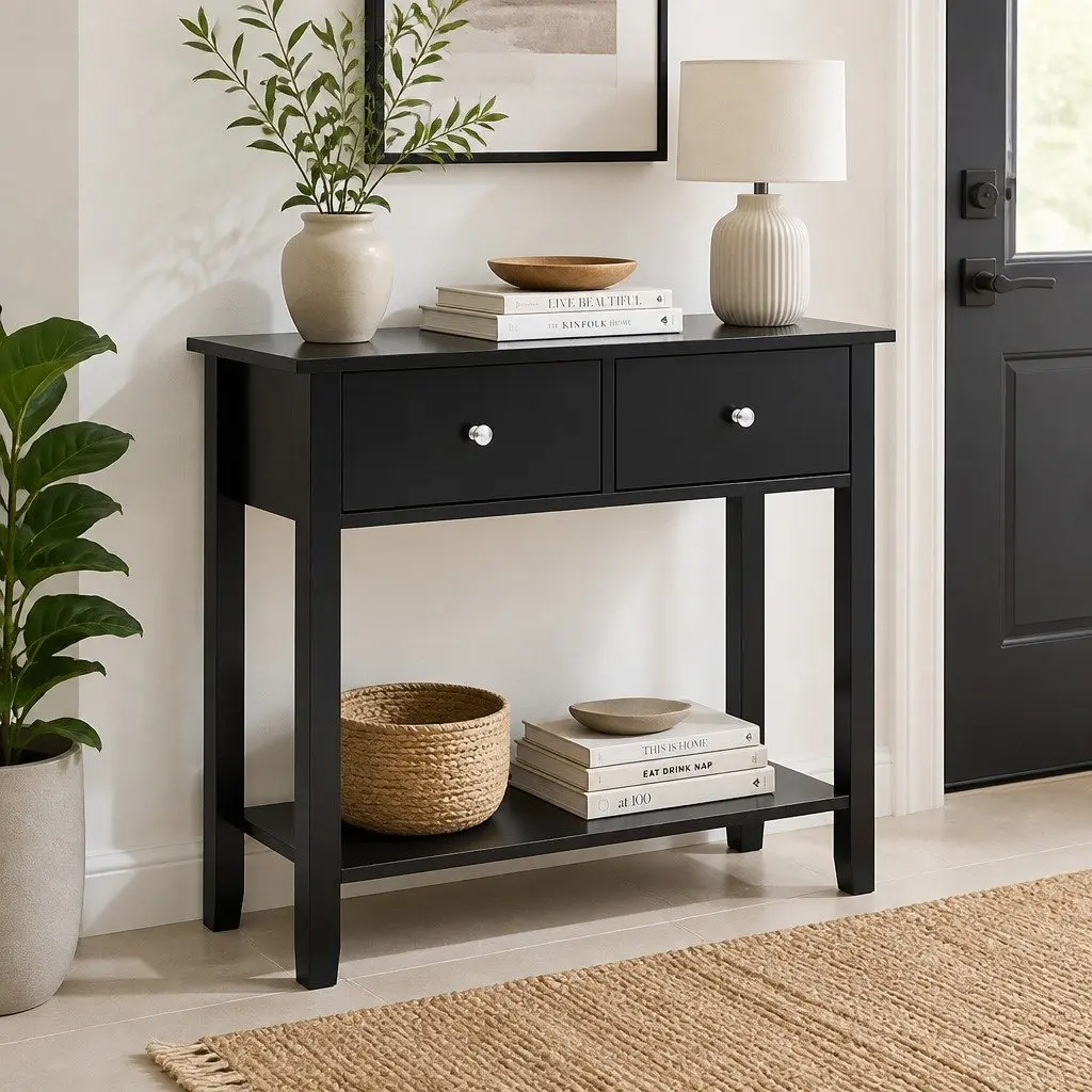 Console Table Hallway Sofa Entryway Side Table 2 Drawers Open Shelf 80CM Black