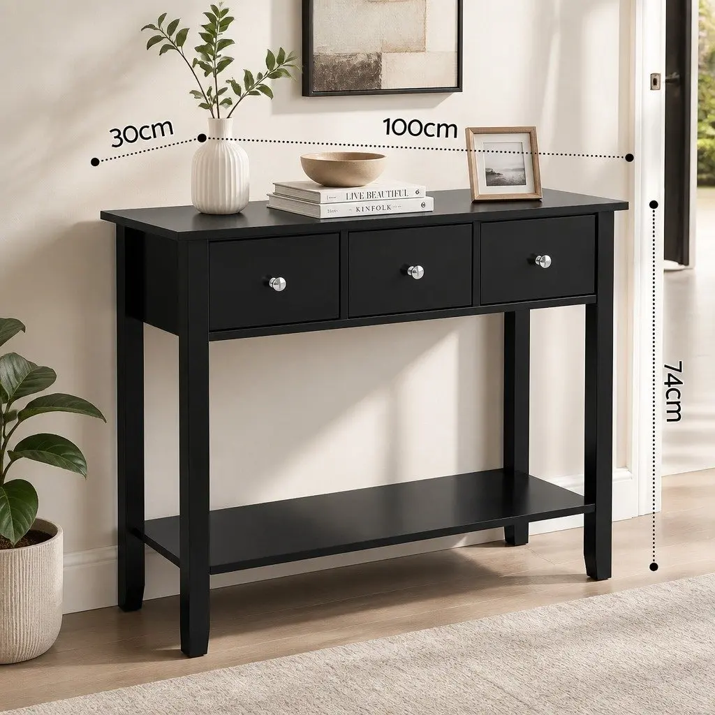 Console Table Black 100cm 3 Drawers Open Shelf Sturdy Structure