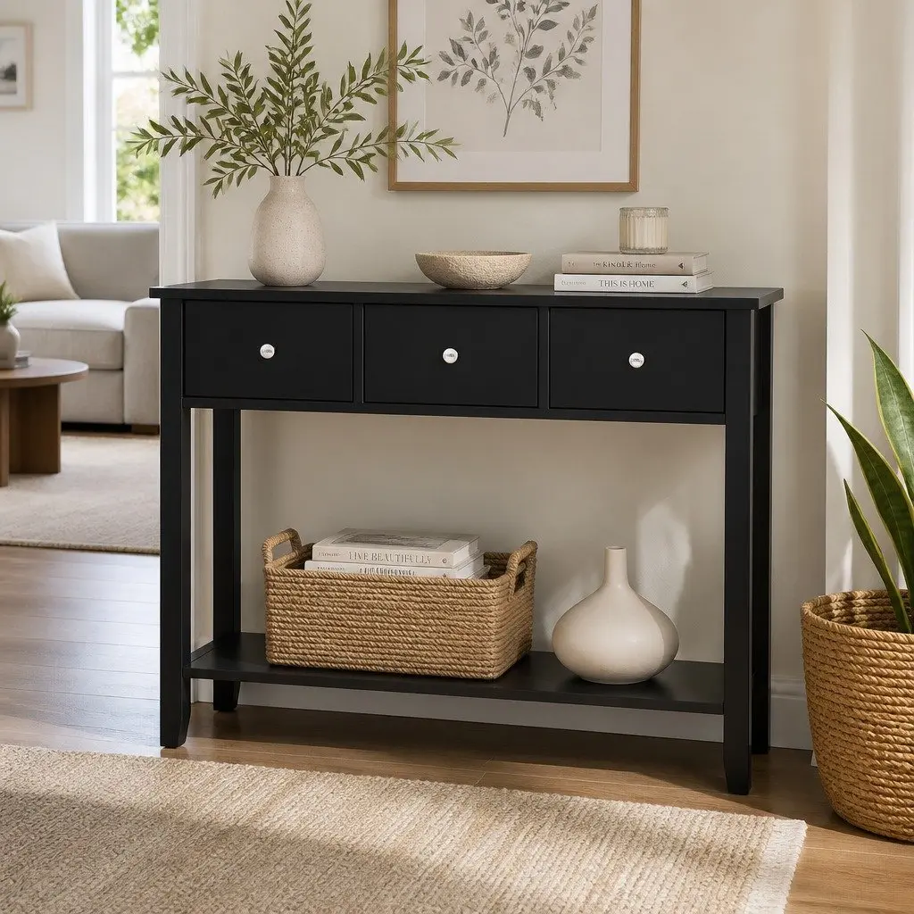Console Table Black 100cm 3 Drawers Open Shelf Sturdy Structure