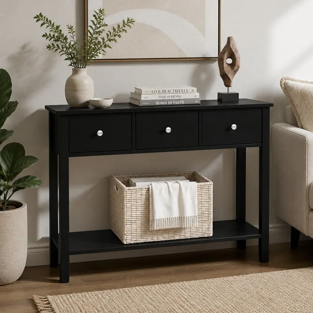 Console Table Black 100cm 3 Drawers Open Shelf Sturdy Structure