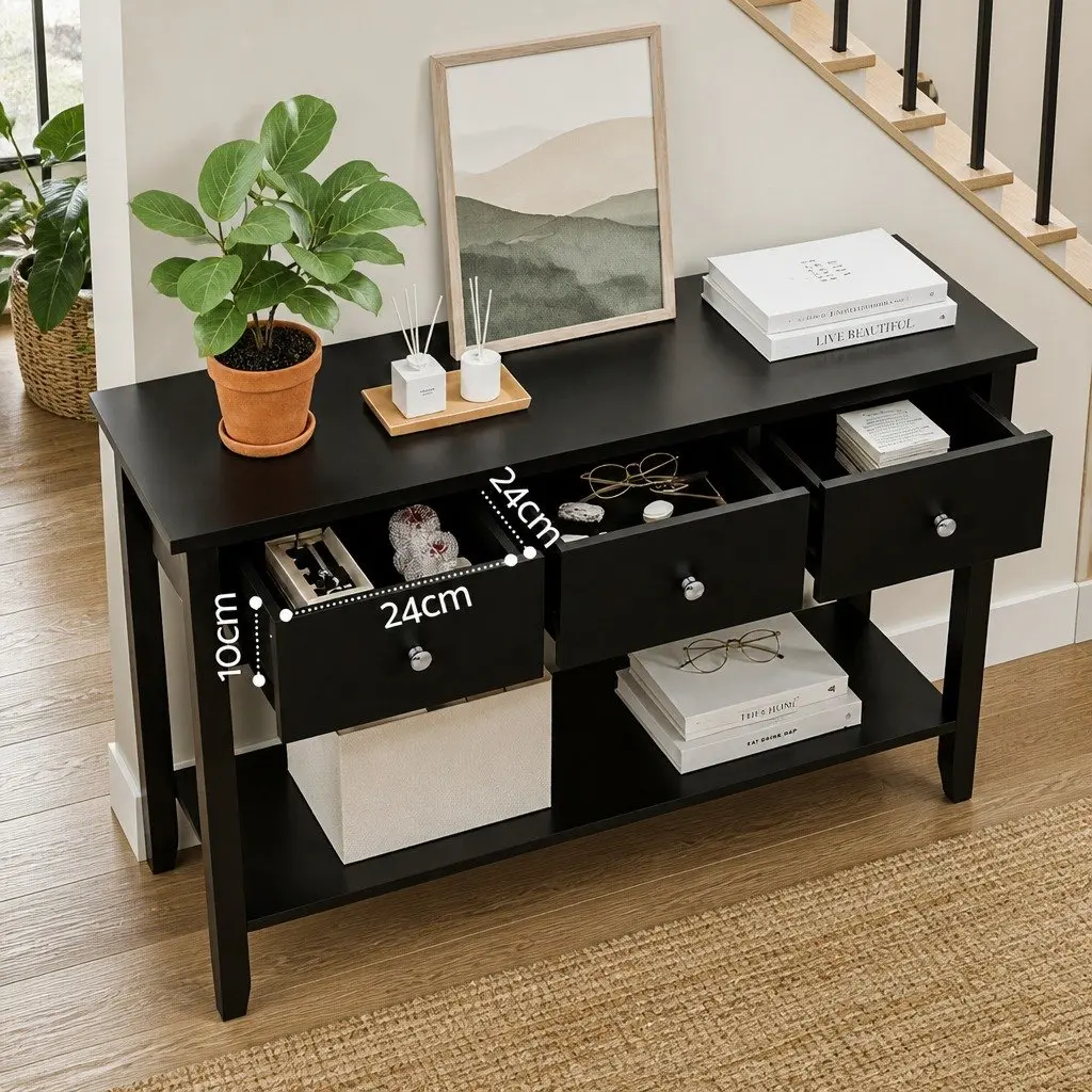 Console Table Black 100cm 3 Drawers Open Shelf Sturdy Structure