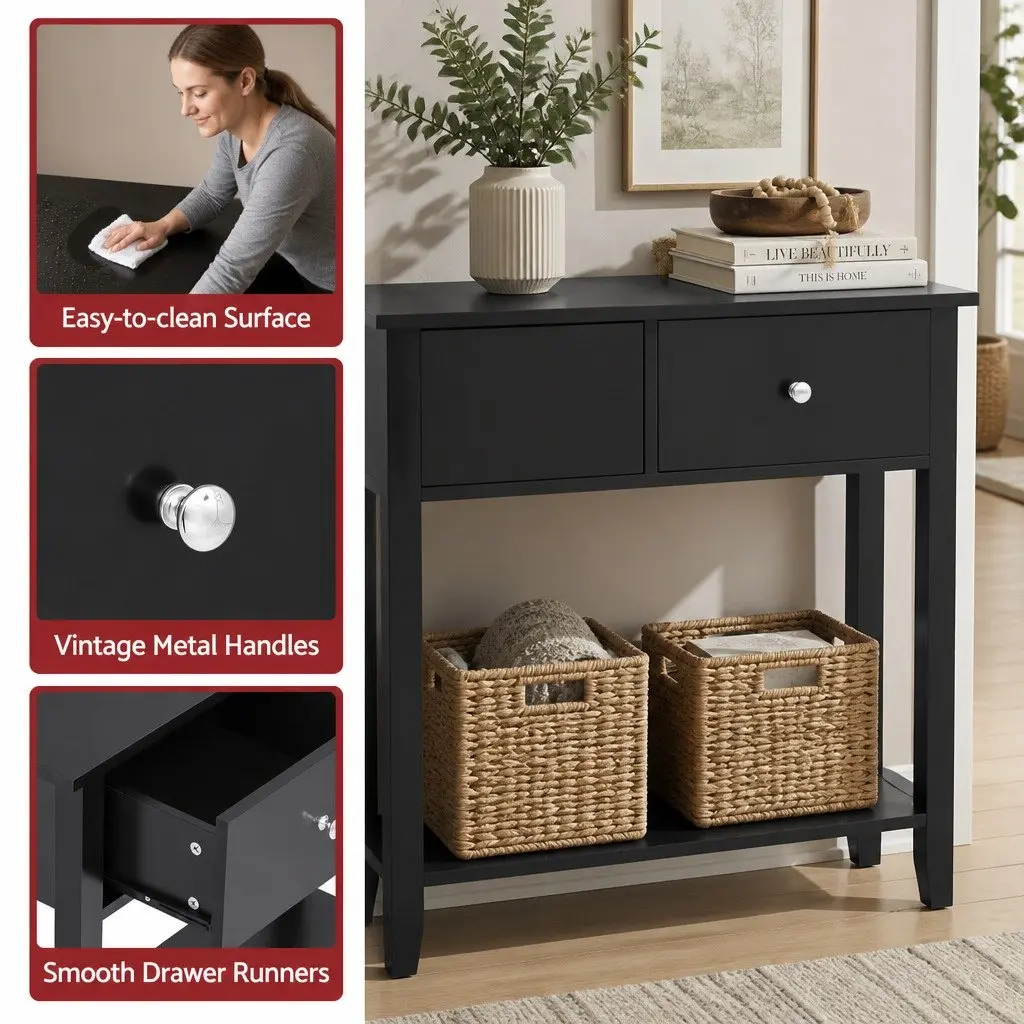 Console Table Black 100cm 3 Drawers Open Shelf Sturdy Structure