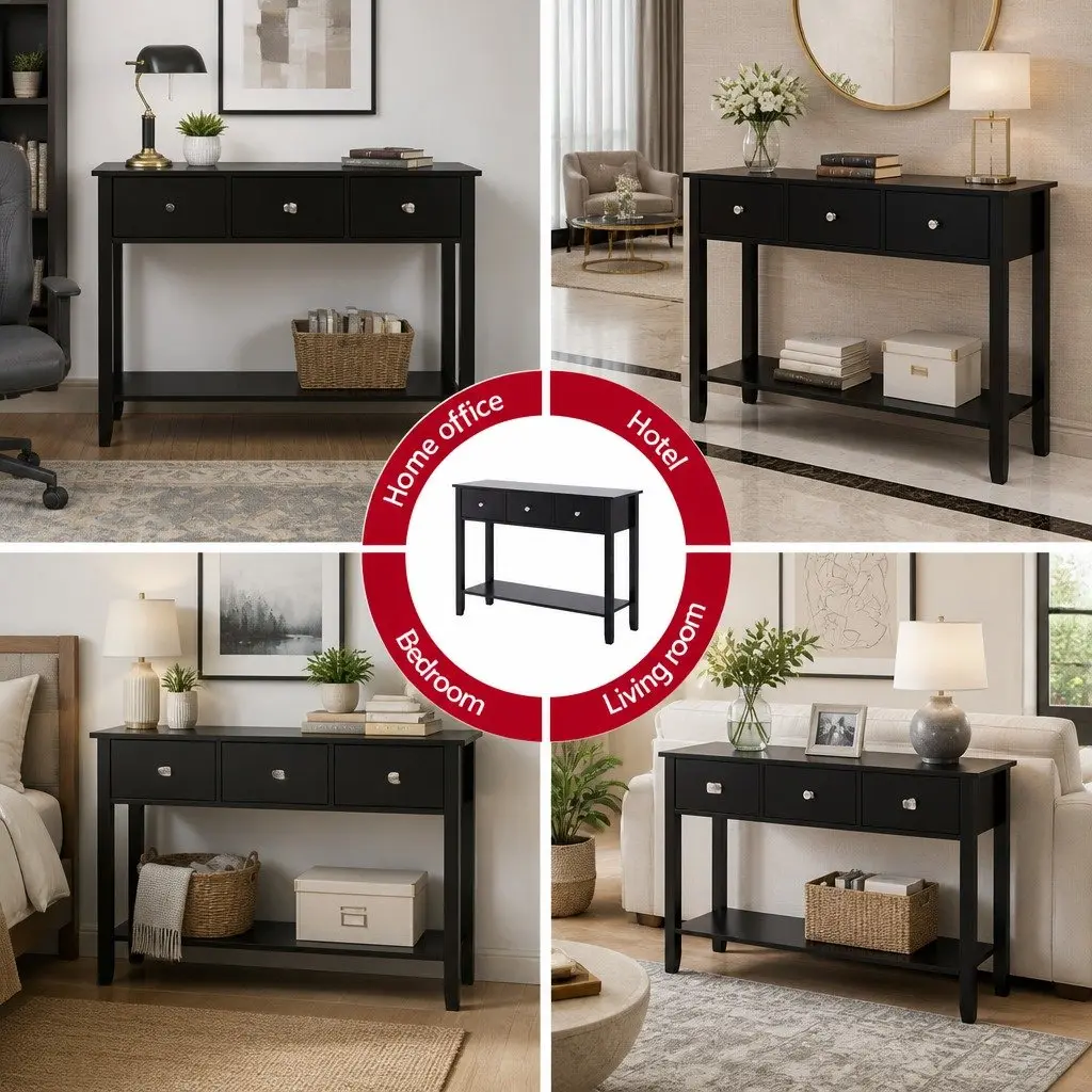 Console Table Black 100cm 3 Drawers Open Shelf Sturdy Structure