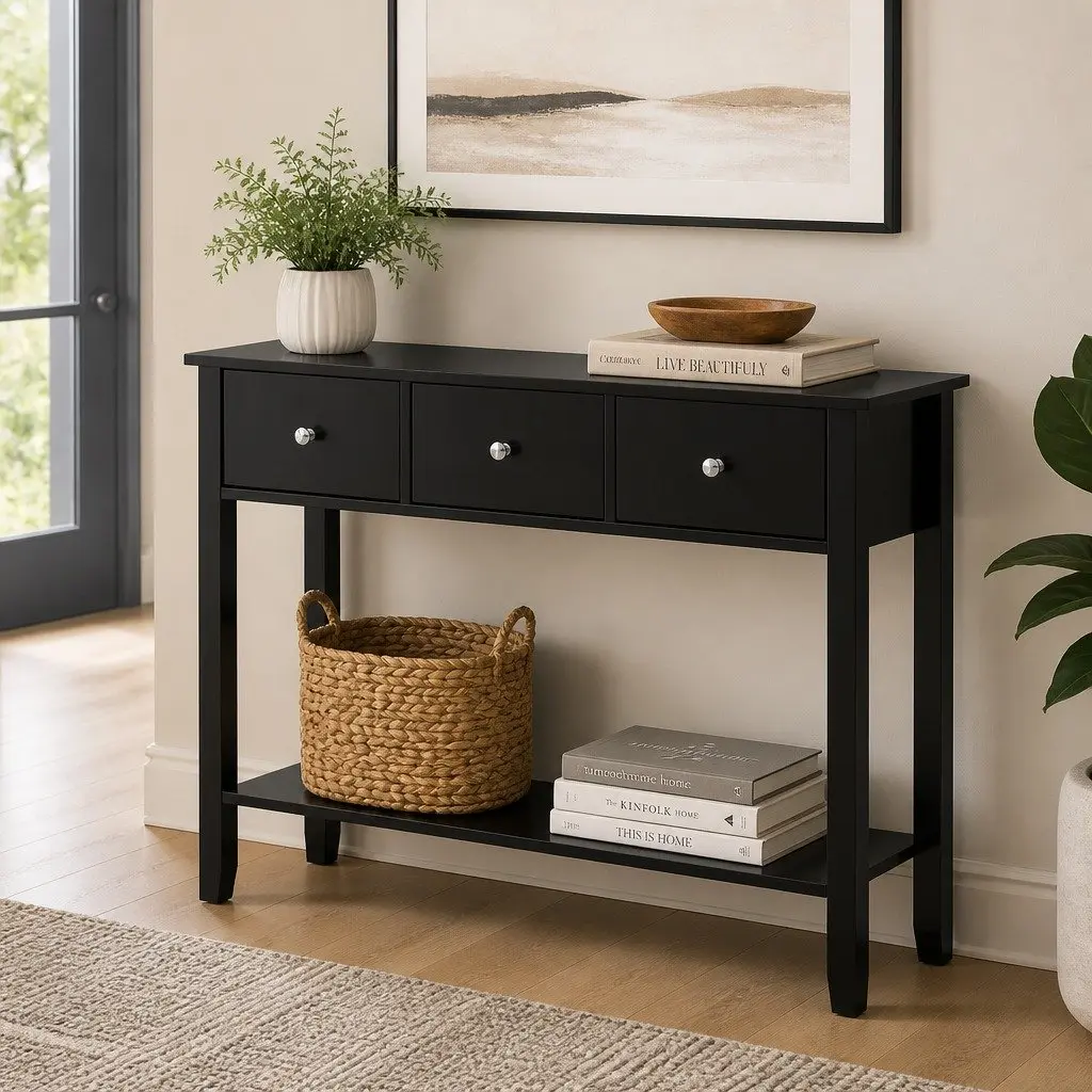 Console Table Black 100cm 3 Drawers Open Shelf Sturdy Structure