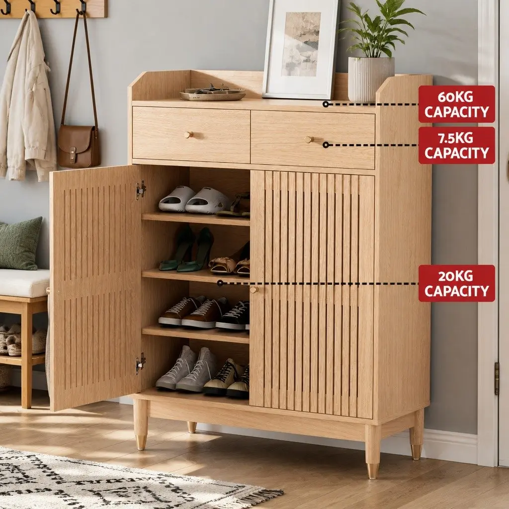 Shoe Rack Cabinet 4-Tier Storage Organiser 16 Pairs Adjustable Shelves Drawers