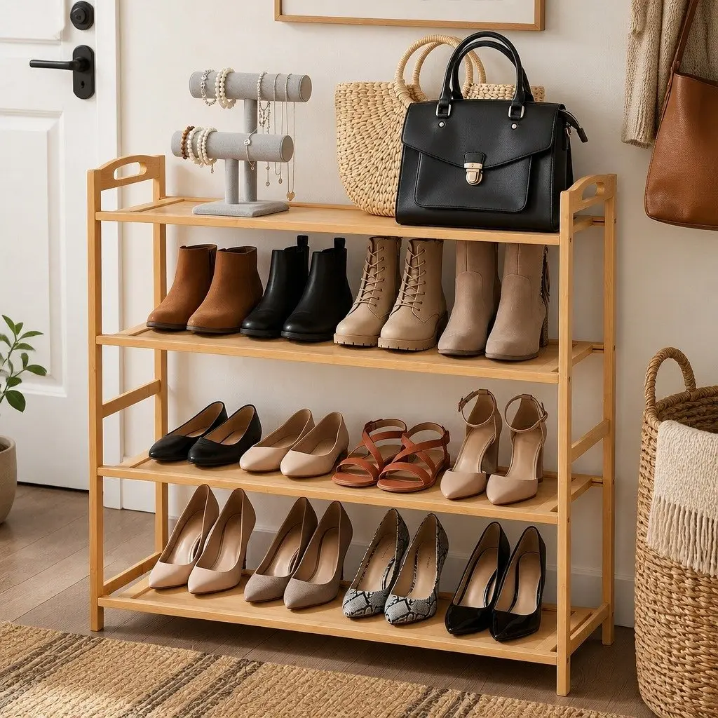 4-Tier Shoe Rack Pine Bamboo Open Storage Organiser