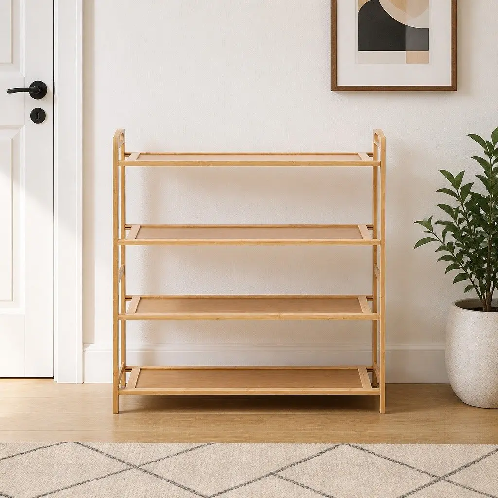 4-Tier Shoe Rack Pine Bamboo Open Storage Organiser