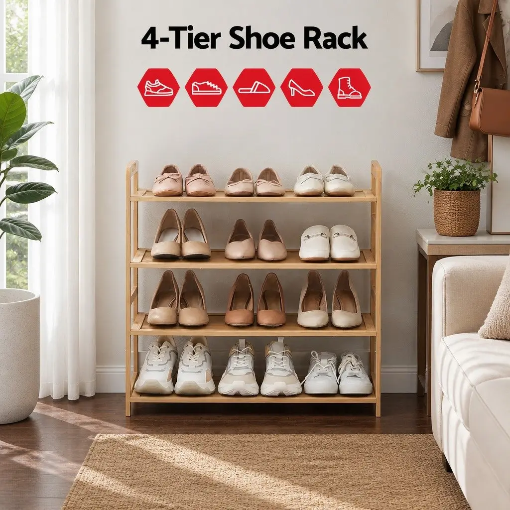 4-Tier Shoe Rack Pine Bamboo Open Storage Organiser