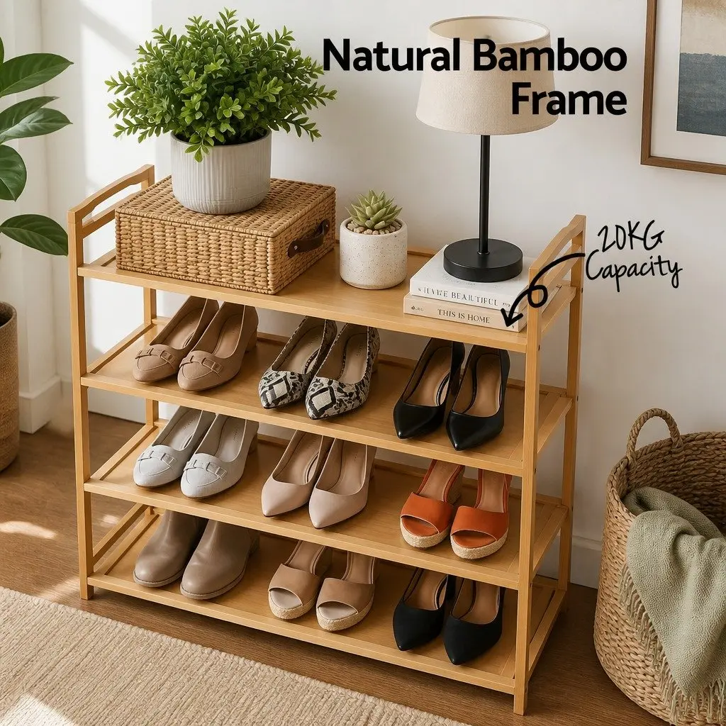 4-Tier Shoe Rack Pine Bamboo Open Storage Organiser