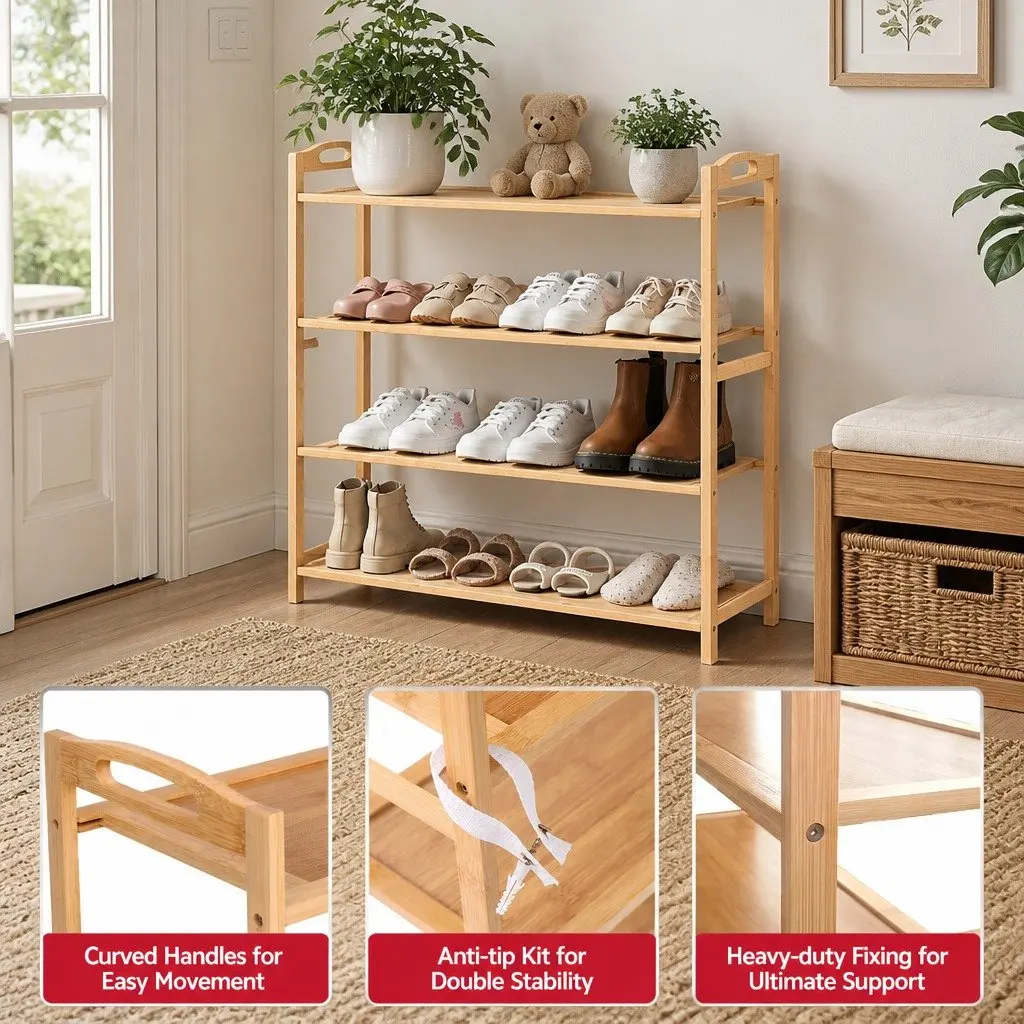 4-Tier Shoe Rack Pine Bamboo Open Storage Organiser
