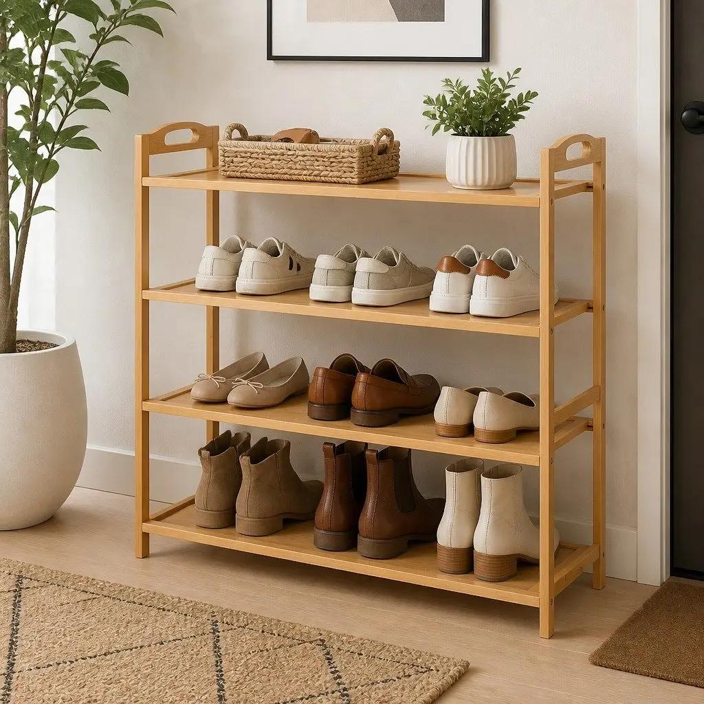 4-Tier Shoe Rack Pine Bamboo Open Storage Organiser