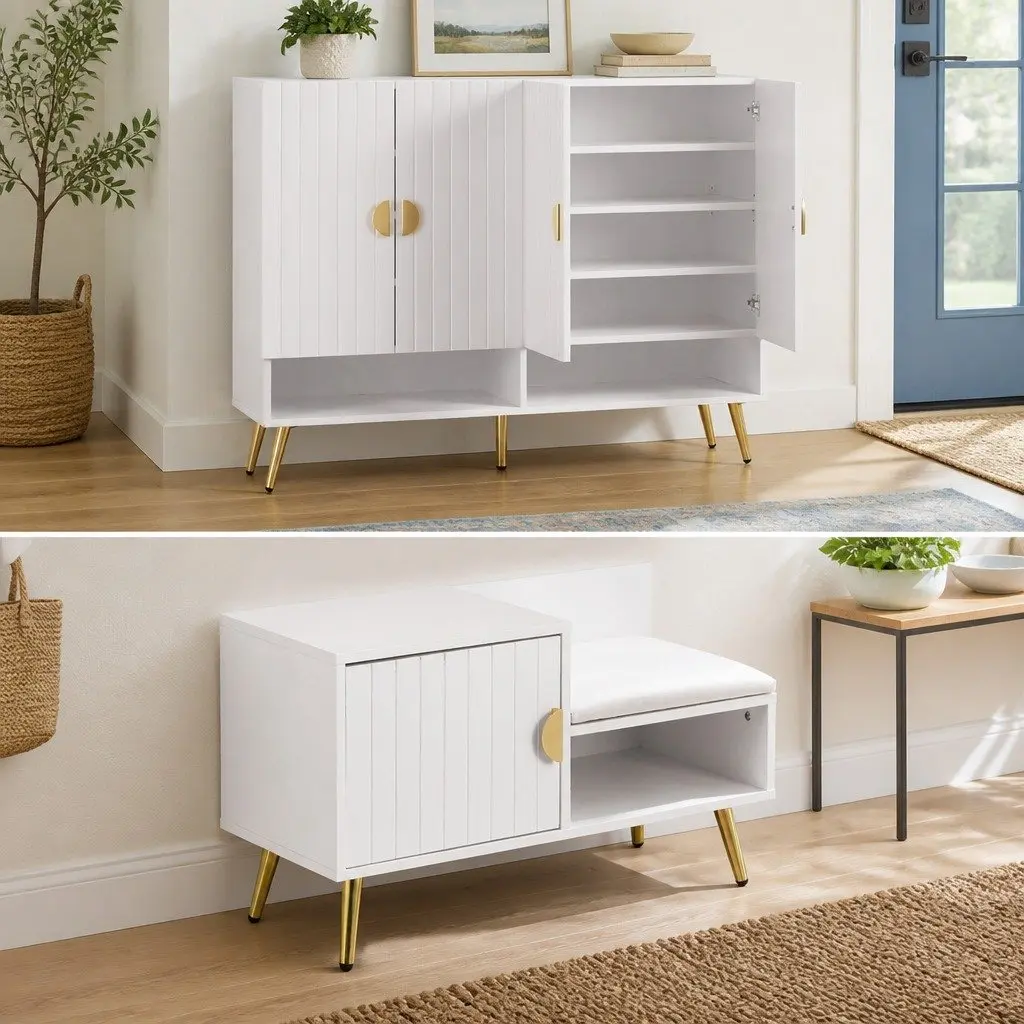 Shoe Cabinet Bench Set White 10 Tier Adjustable Shelves Hallway Storage