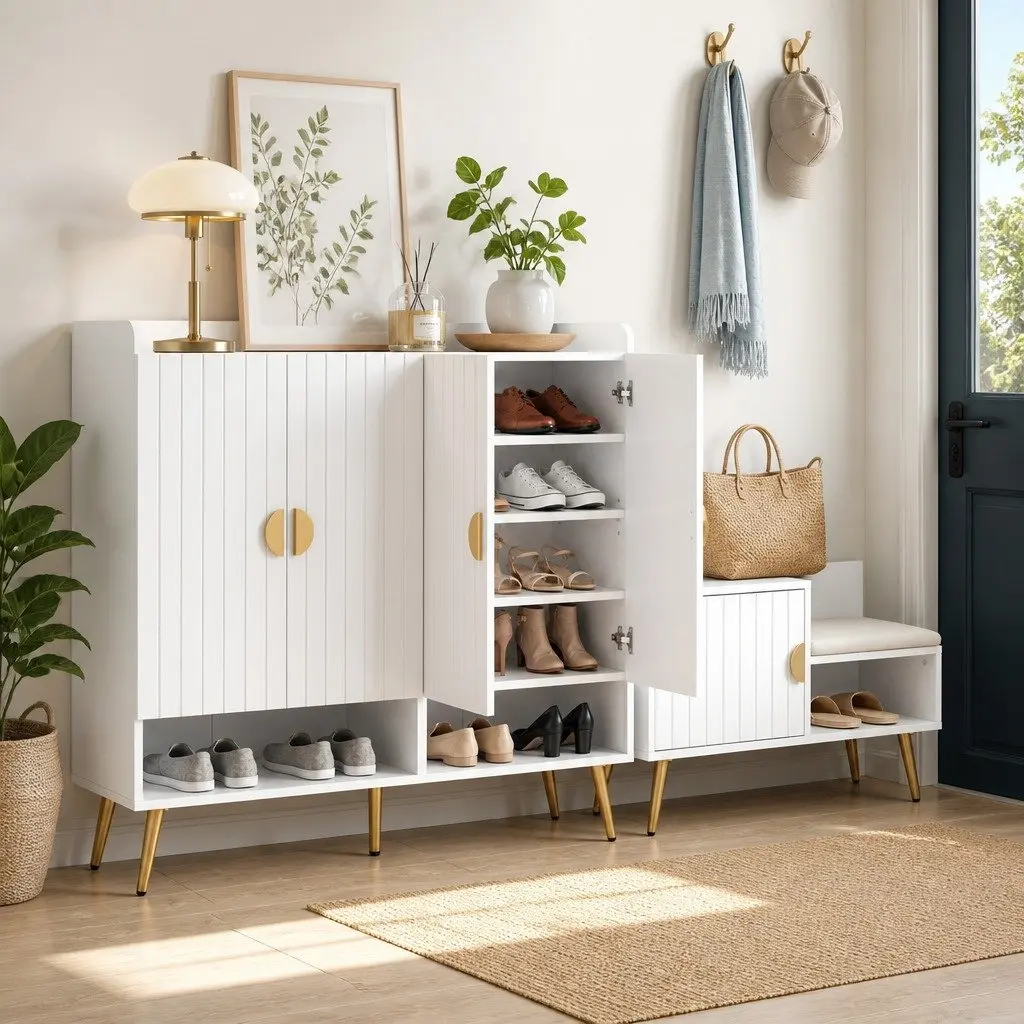 Shoe Cabinet Bench Set White 10 Tier Adjustable Shelves Hallway Storage