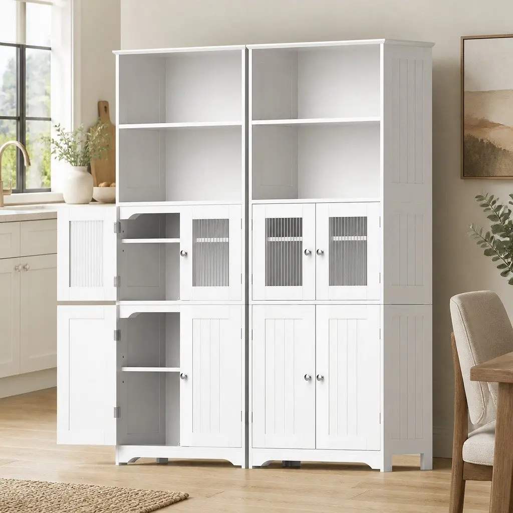 Buffet Sideboard Cabinet White 60cm W 30cm D 160cm H Dual-style Integrated with Frosted Glass and Shaker Slatted Doors