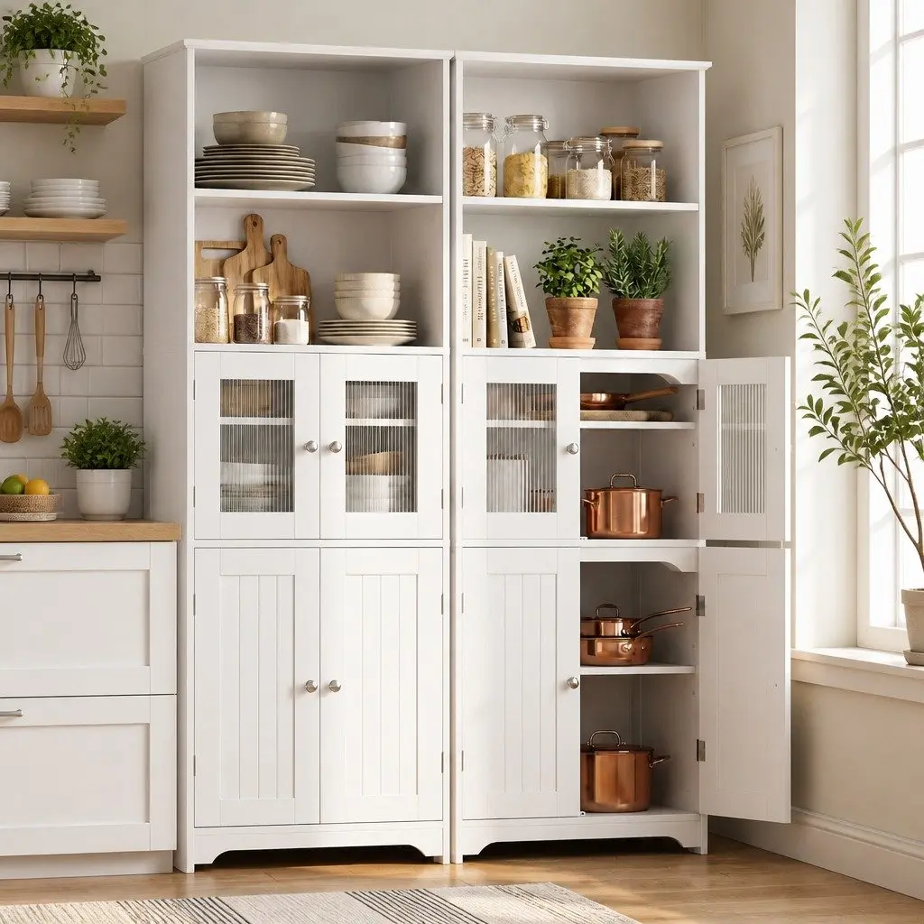 Buffet Sideboard Cabinet White 60cm W 30cm D 160cm H Dual-style Integrated with Frosted Glass and Shaker Slatted Doors