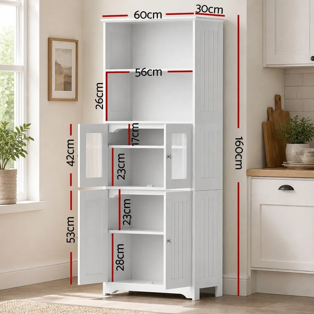 Buffet Sideboard Cabinet White 60cm W 30cm D 160cm H Dual-style Integrated with Frosted Glass and Shaker Slatted Doors