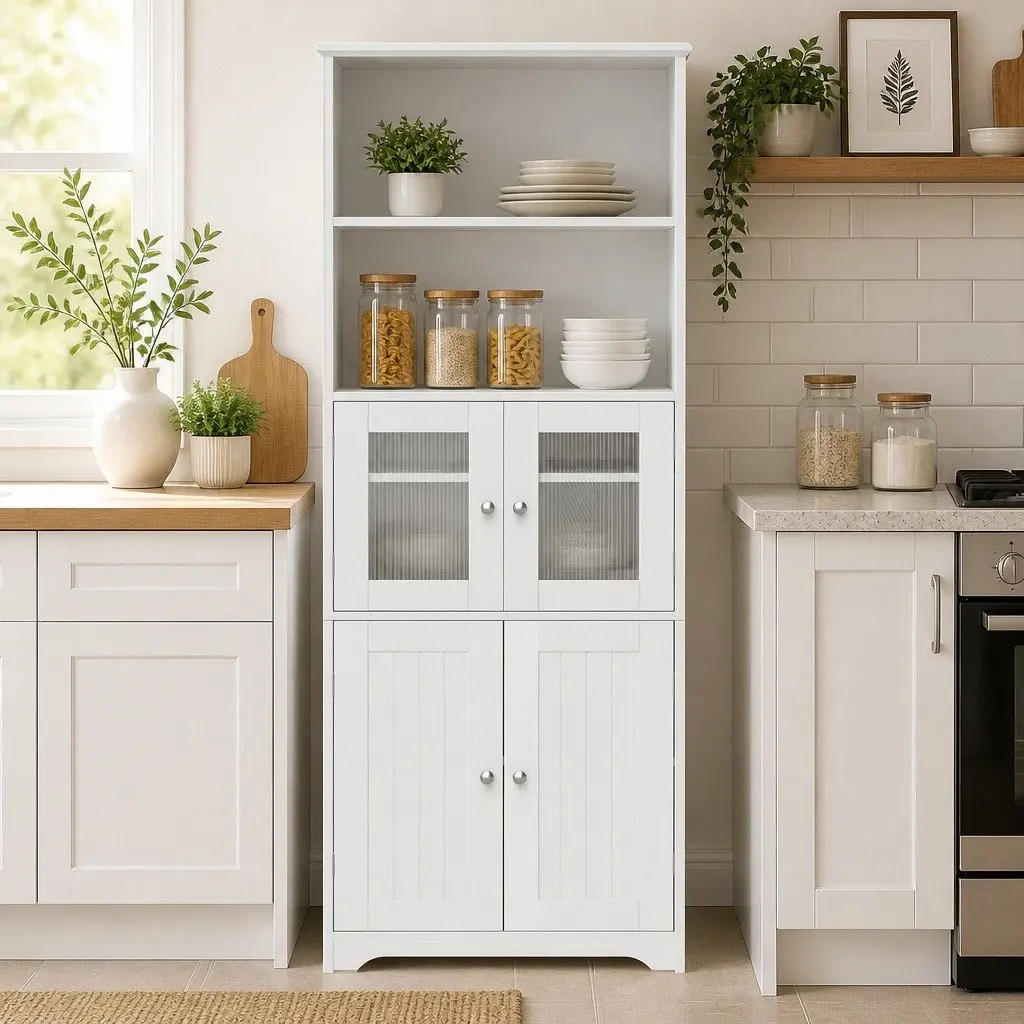 Buffet Sideboard Cabinet White 60cm W 30cm D 160cm H Dual-style Integrated with Frosted Glass and Shaker Slatted Doors