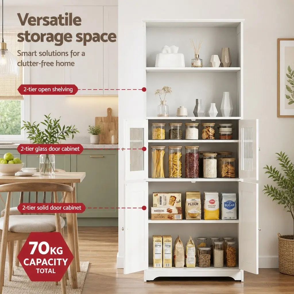 Buffet Sideboard Cabinet White 60cm W 30cm D 160cm H Dual-style Integrated with Frosted Glass and Shaker Slatted Doors