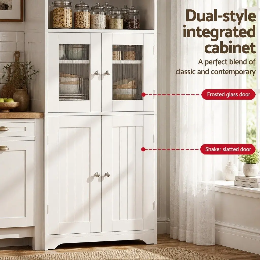 Buffet Sideboard Cabinet White 60cm W 30cm D 160cm H Dual-style Integrated with Frosted Glass and Shaker Slatted Doors