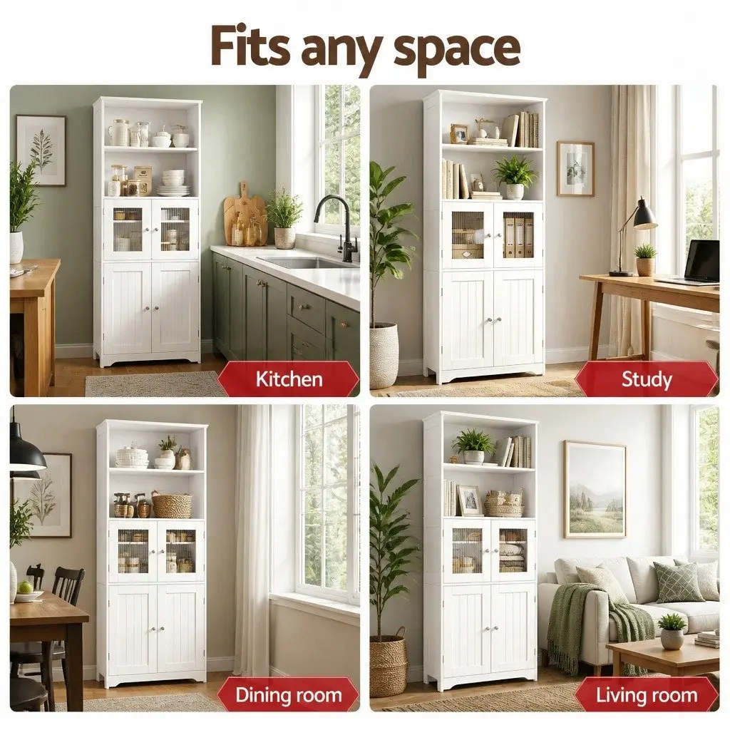 Buffet Sideboard Cabinet White 60cm W 30cm D 160cm H Dual-style Integrated with Frosted Glass and Shaker Slatted Doors