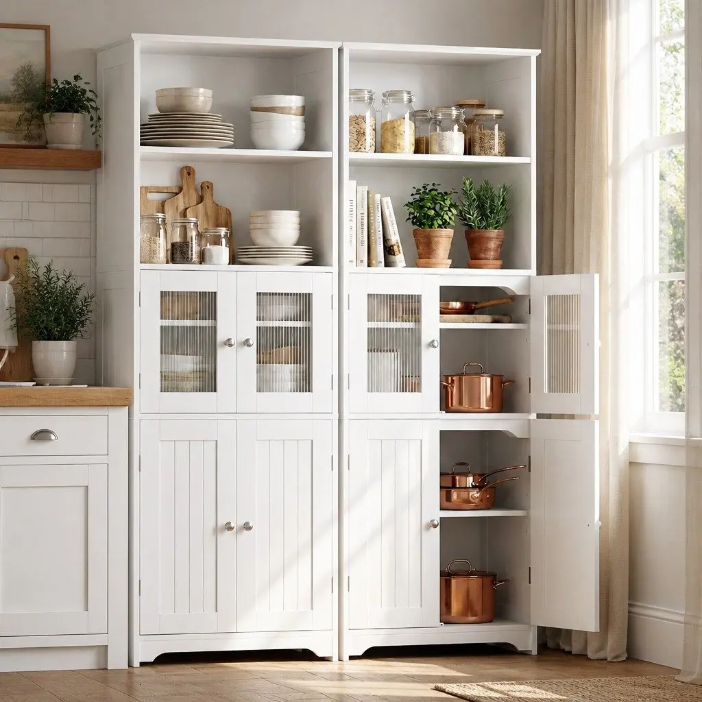 Buffet Sideboard Cabinet White 60cm W 30cm D 160cm H Dual-style Integrated with Frosted Glass and Shaker Slatted Doors