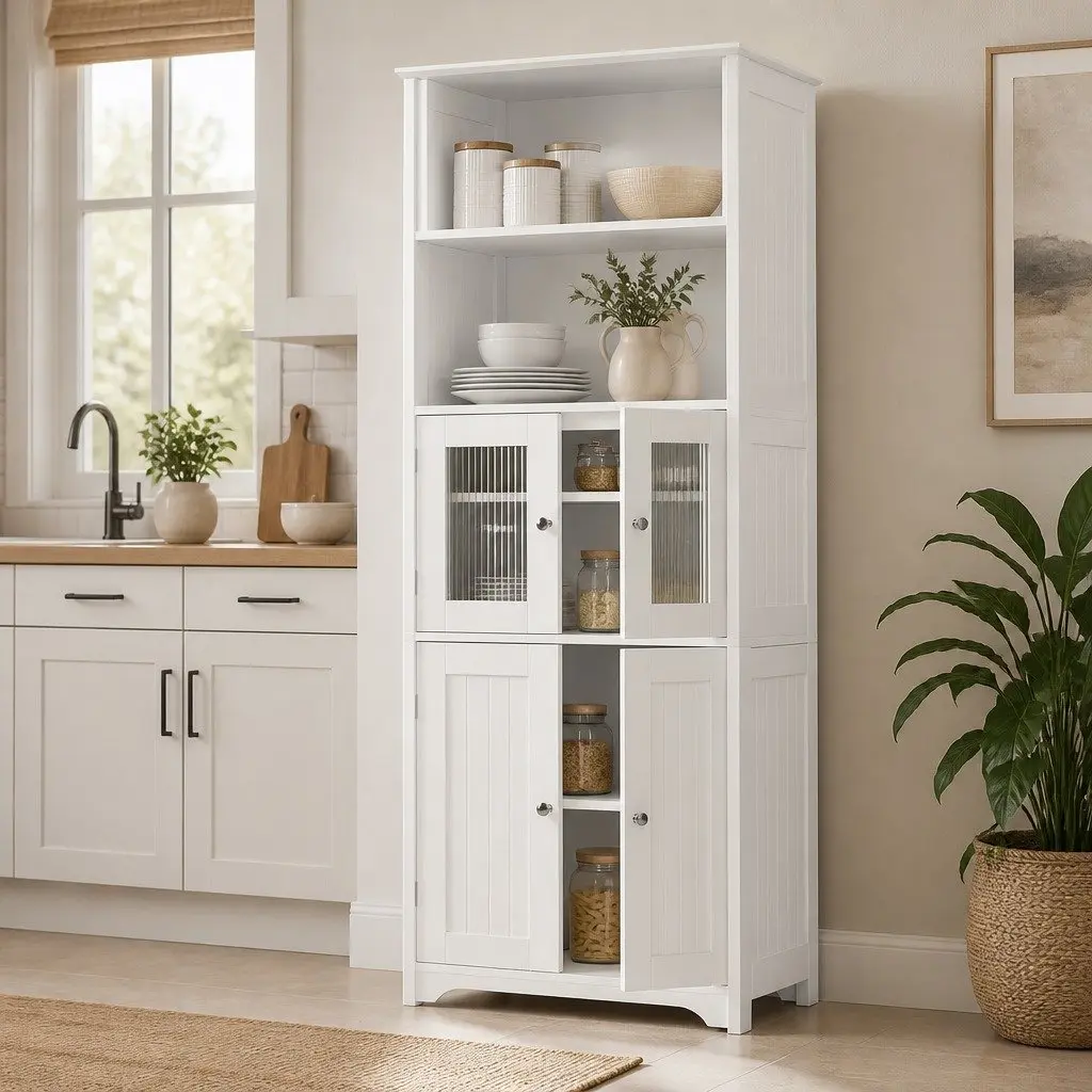 Buffet Sideboard Cabinet White 160cm Adjustable Shelves Frosted Glass Doors