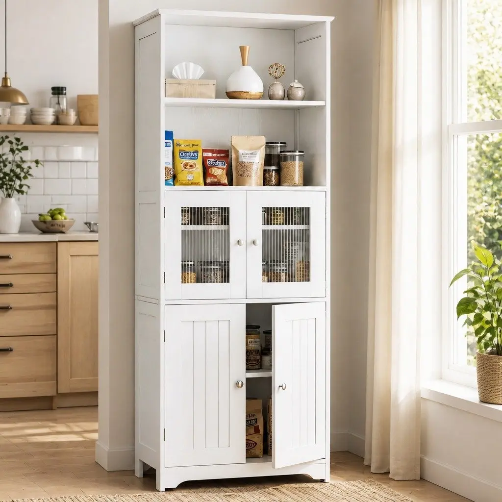 Buffet Sideboard Cabinet White 160cm Adjustable Shelves Frosted Glass Doors