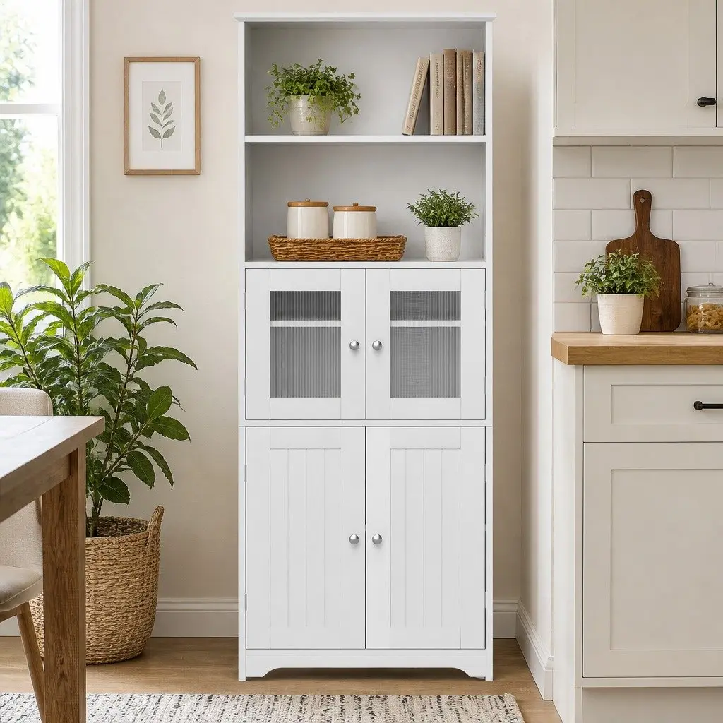 Buffet Sideboard Cabinet White 160cm Adjustable Shelves Frosted Glass Doors