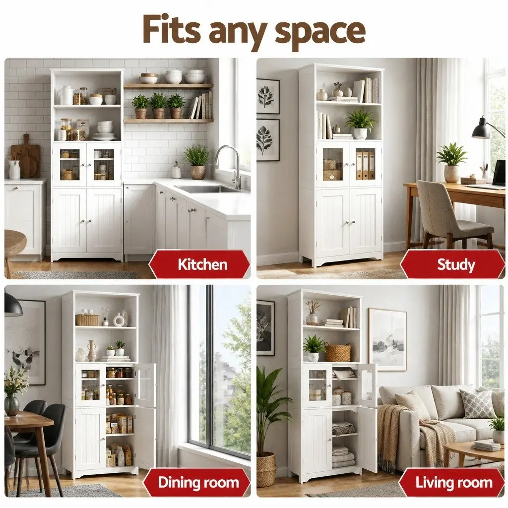 Buffet Sideboard Cabinet White 160cm Adjustable Shelves Frosted Glass Doors