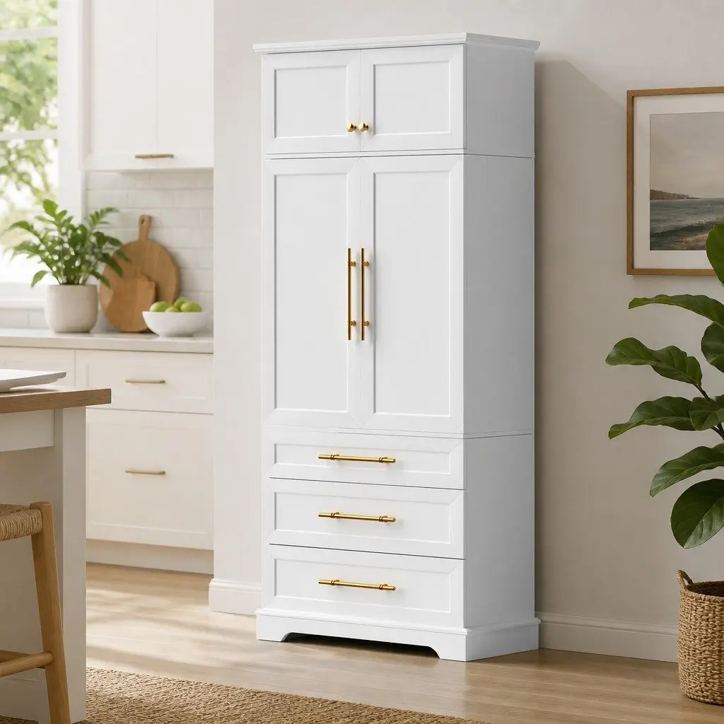 Buffet Sideboard Cabinet White 80cm x 40cm x 200cm Hamptons Style with Adjustable Shelves and Drawers