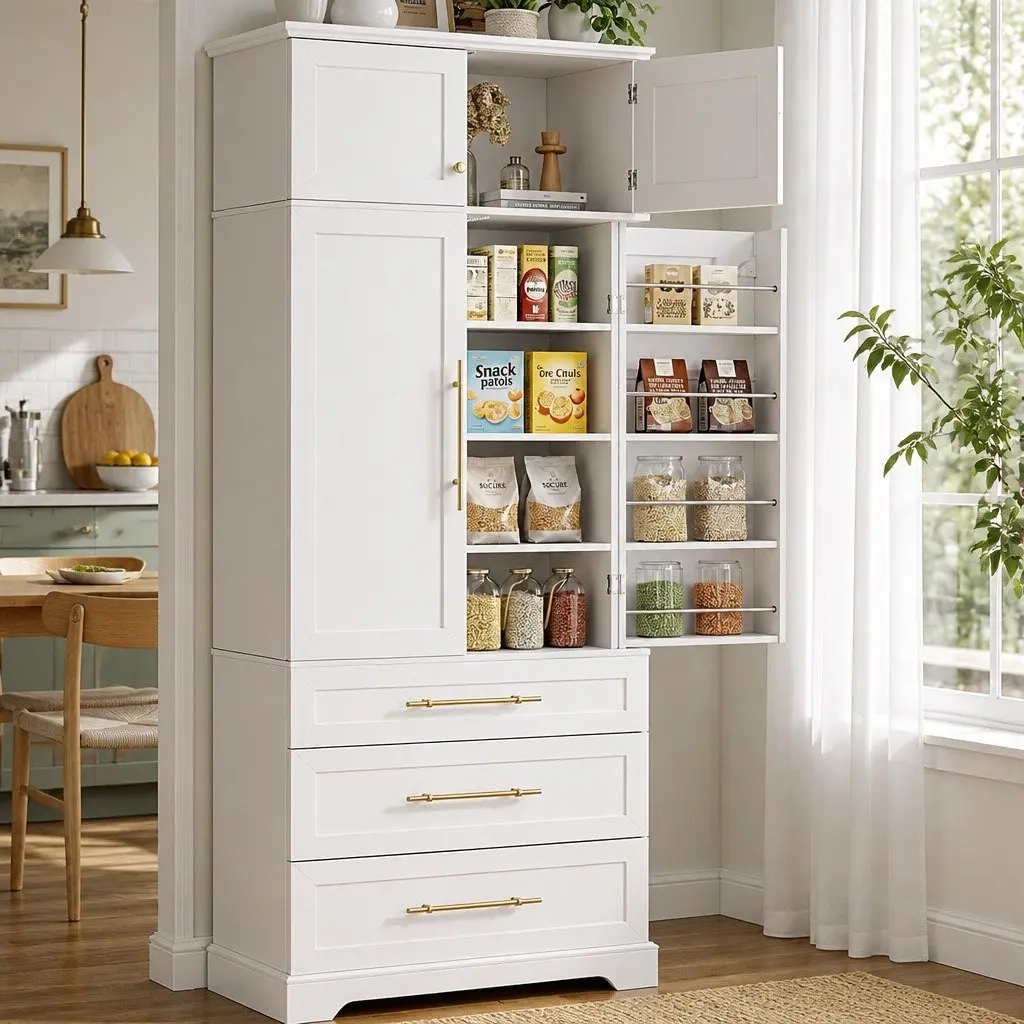 Buffet Sideboard Cabinet White 80cm x 40cm x 200cm Hamptons Style with Adjustable Shelves and Drawers